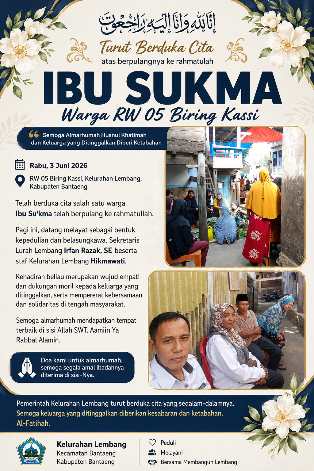 Duka Menyelimuti Biring Kassi, Sekretaris Lurah dan Staf Kelurahan Lembang Hadir Sampaikan Belasungkawa untuk Almarhumah Ibu Sukma